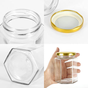 Jam Jars Glass Jars with Lid & Labels - 280ml / 9oz Hexagonal Storage Glass Jars | Airtight Jar for Kitchen- 6 Set