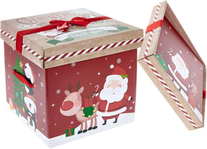 Square Shape Foldable Red Christmas Eve Gift Box with Lid and Decorative Ribbon - Medium Size