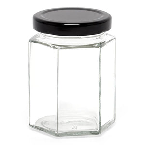 Jam Jars Glass Jars with Lid & Labels - 280ml / 9oz Hexagonal Storage Glass Jars | Airtight Jar for Kitchen- 6 Set