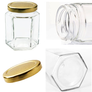 Jam Jars Glass Jars with Lid & Labels - 280ml / 9oz Hexagonal Storage Glass Jars | Airtight Jar for Kitchen- 6 Set