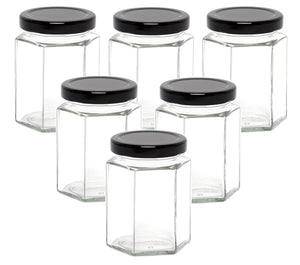 Jam Jars Glass Jars with Lid & Labels - 280ml / 9oz Hexagonal Storage Glass Jars | Airtight Jar for Kitchen- 6 Set