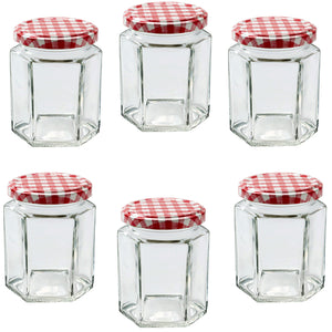 Jam Jars Glass Jars with Lid & Labels - 280ml / 9oz Hexagonal Storage Glass Jars | Airtight Jar for Kitchen- 6 Set