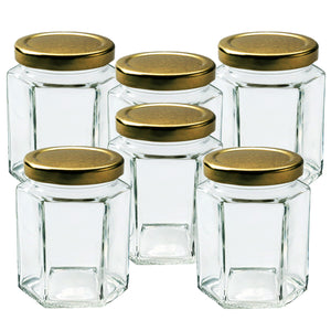 Jam Jars Glass Jars with Lid & Labels - 280ml / 9oz Hexagonal Storage Glass Jars | Airtight Jar for Kitchen- 6 Set