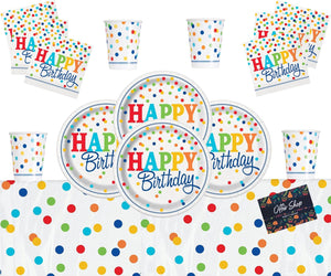 Rainbow Polka Dot Party Supplies Happy Birthday Tableware Set- Rainbow Themed Party Decorations Serves 16 People